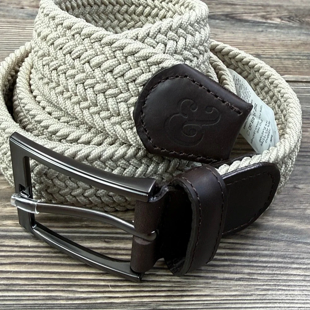 Collars‎ & Co Mens Size XXXL Woven Stretch Belt Beige Leather Trim Golf
